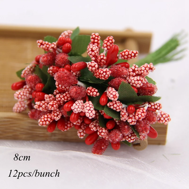 035 12pcs red 1 Набор, красная искусственная тычинка, бутон, букет, много типов, Ягодный цветок, венок для дома, Рождества, свадьбы, вечеринки, искусственные цветы, украшение - Цвет: 035 12pcs red