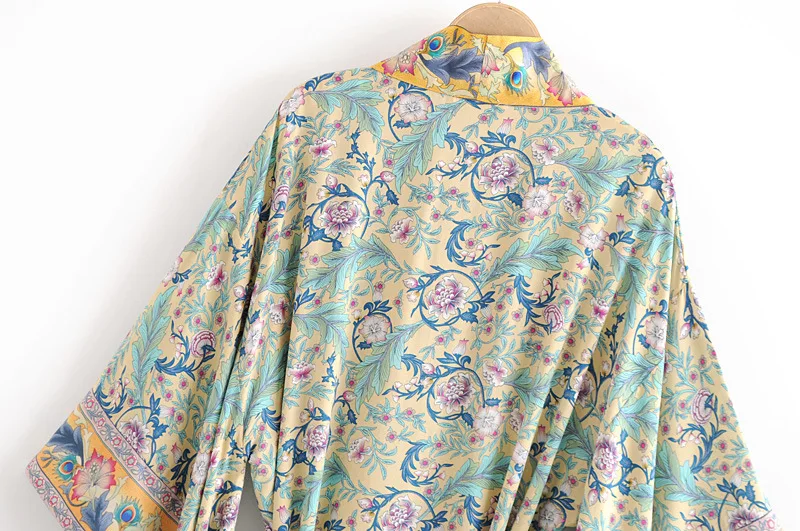 Boho Весна Лето Цветочные Свободные повседневные кимоно рукав пляжный топ Открытый Перед Макси кимоно галстук пояс рубашка блузка пляжная Женская