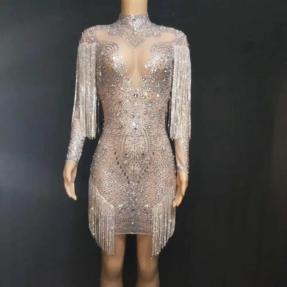 

2020 New Design Silver Crystals Fringes Dress Prom Evening Celebrate See Through Mesh Dress Shining Birthday Transparent Dress
