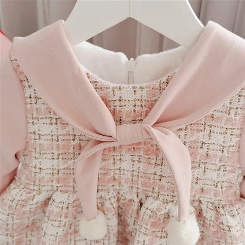 Winter baby dresses pink color fleece lining Christmas kids dresses for girls
