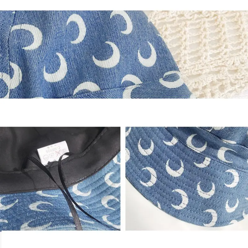 Men Women Packable Flat Top Bucket Hat Vintage Denim Crescent Moon Printed Hip Hop Harajuku Sun Protection Fisherman Cap