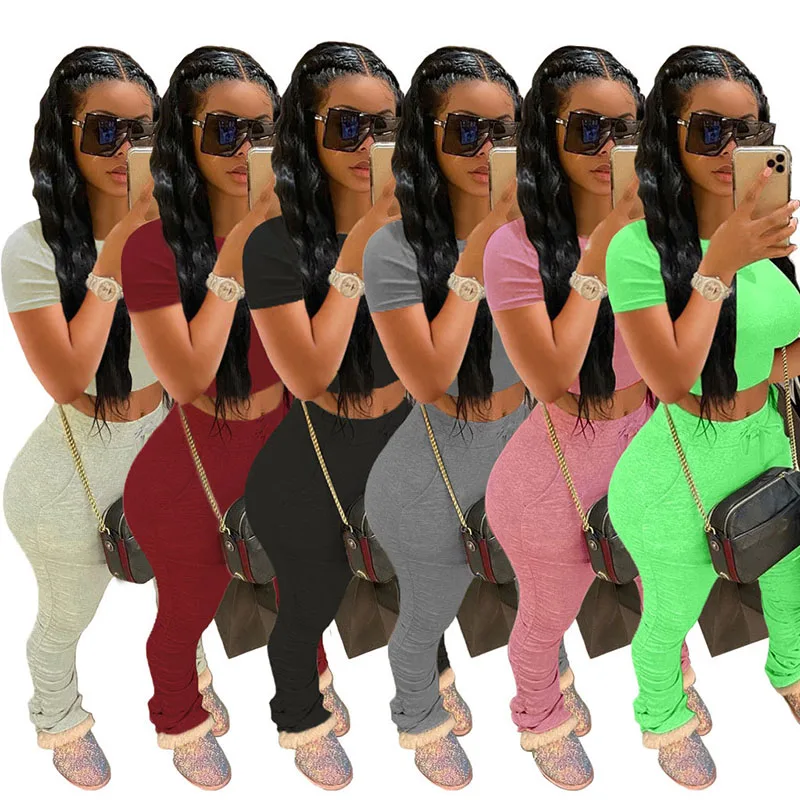 

Casual Stacked Joggers Pants Set Pleated O-neck Short Sportwear Two Piece Set Crop Top + Long Pants Skinny Tracksuit Summer