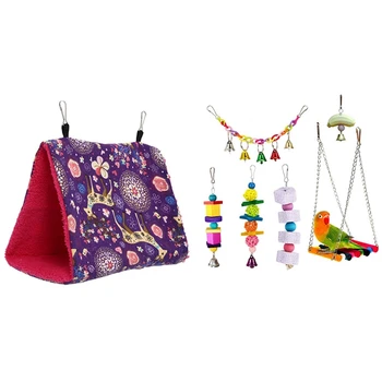 

6Pcs Hanging Bell Pet Bird Cage Hammock Swing Toy & 1Pcs Parrot Hammock Bird Nest Warm Soft Plush Hammock