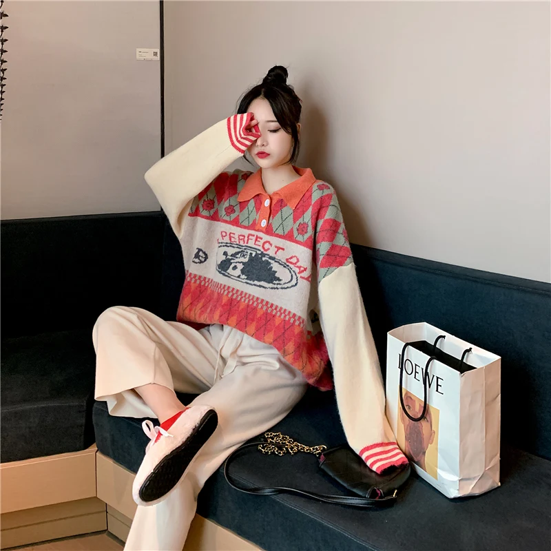 Neploe Loose Crazy Style Retro Knit Letter Print Sweater Turn Down Collar Long Sleeve Button Pullovers Autumn Winter Pull Femme