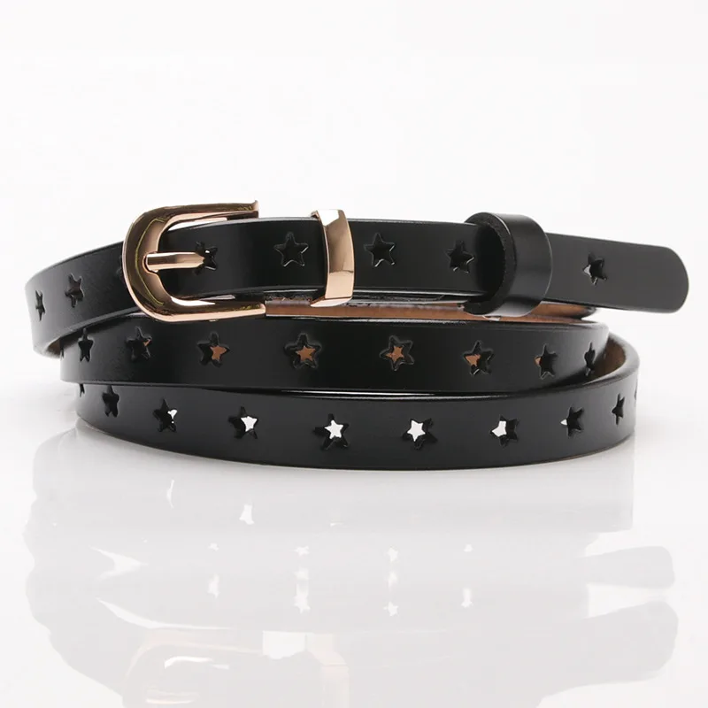 

New Heart Cowhide Leather Belt Fashion Square Gold Pin Buckle Waistband Black Women Adults Jeans Thin Waist Belt cinturon mujer
