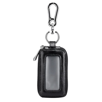 

Leather Home Car Key Case Double Pocket Zipper Mini Wallet Men and Women Keychain Transparent Pocket