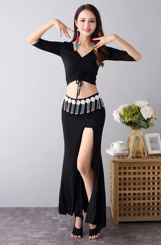 B mid sleeve black Набор костюма для танца живота женщин Болливуд танец живота представление одежда Практика носить индийское платье дамы рейв наряд DC3540 - Цвет: B mid sleeve black