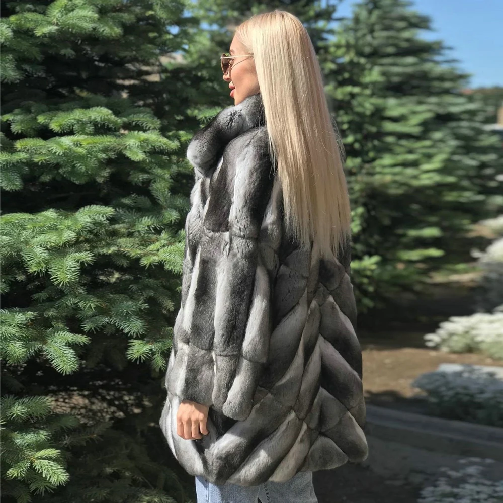 2021 New Real Rex Rabbit Fur Coat Lapel Collar Natural Women Fur Overcoats High Quality Whole Skin Rex Rabbit Fur Jacket Winter