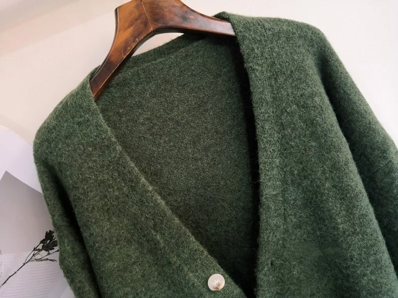 Green Океанlove однотонные теплые свободные женские модные свитера Осень Зима V шеи Chaqueta Mujer длинный рукав Корейская верхняя одежда 12800 - Цвет: Green