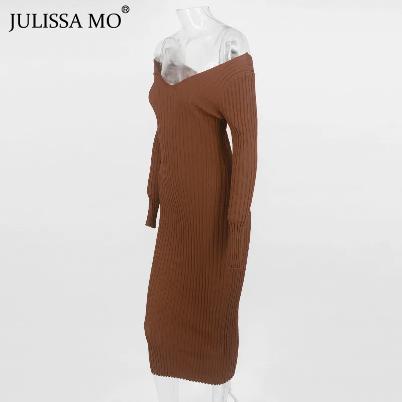 JULISSA MO, элегантное вязаное платье-свитер, женские осенние сексуальные платья бодикон с открытыми плечами,, зимние эластичные длинные вечерние платья