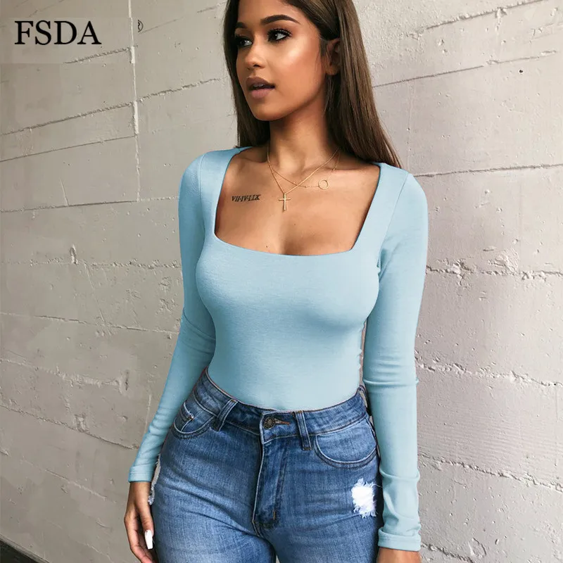 FSDA Long Sleeve Square Collar Sexy Bodysuit Women White Black Winter Autumn Winter Solid Knitted Casual Purple Lady Bodysuits