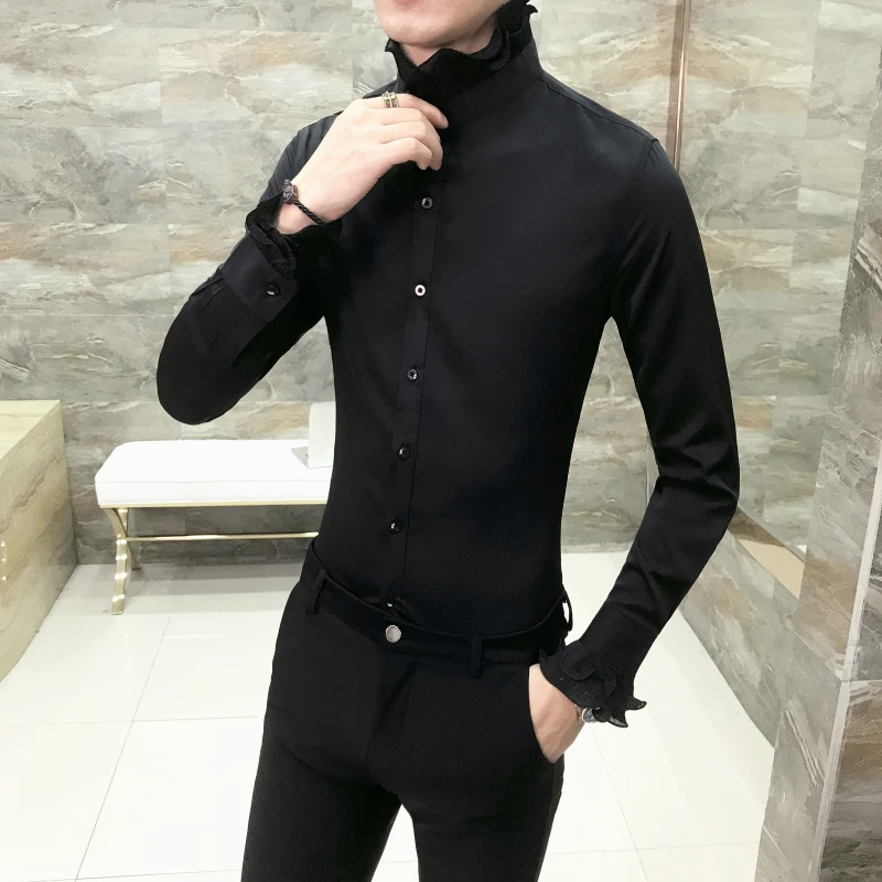 С кружевным воротником; рубашка-смокинг; уникальный дизайн; Винтаж WeddingShirt с длинным рукавом, Облегающая рубашка в готическом стиле Для мужчин Chemise Homme Camicia Uomo
