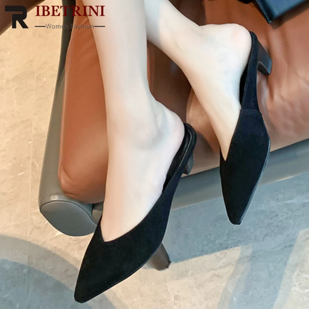 

RIBETRINI Female Summer Natural Kid Suede Shoes Woman Summer Holiday Med Heels Pumps Women Casual slip-on Mules