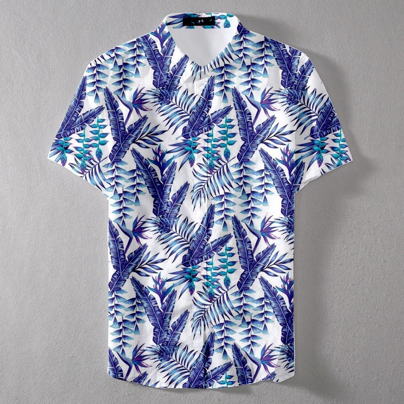 Summer Short Sleeve Hawaiian Colorful Leaf Custom Man Casual Shirt