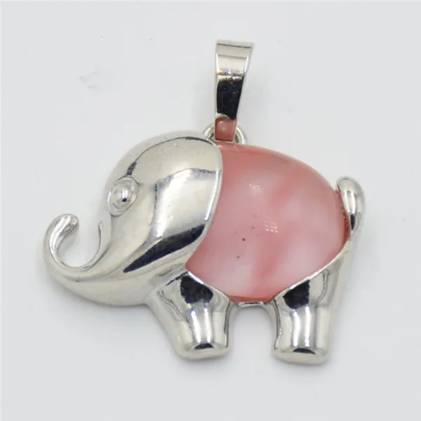 Fashion Silver Color Cute Animal Elephant Natural Stone Crystal Bead Pink Quartzs Tiger Eye Necklace Pendant for Women Men Charm - Окраска металла: Watermelon Crystal