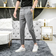 Костюм брюки Летние Высокое качество Мужская мода Бизнес повседневные полосатые девять брюки мужские хлопковые тонкие полосы 9 точек костюм брюки