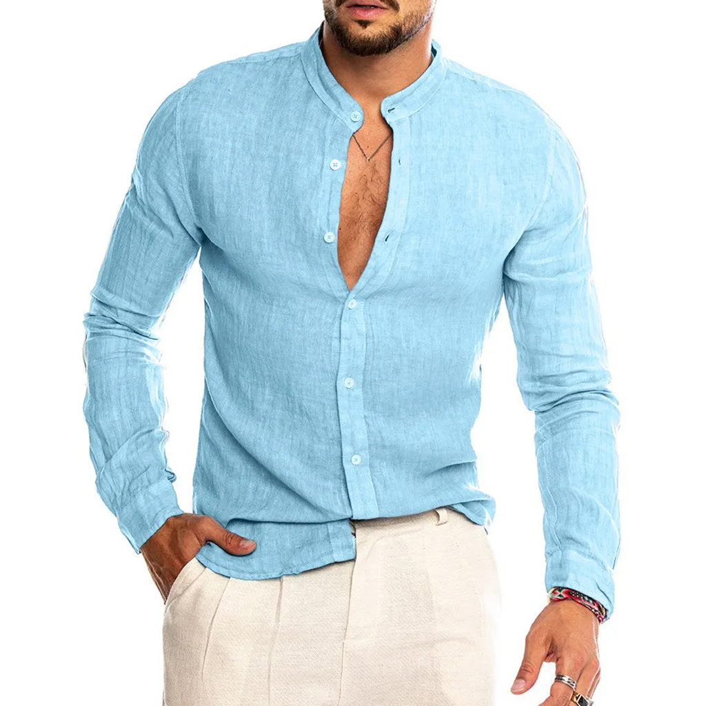 Dropshipping Fashion Men's Casual O-Neck Button Solid Beach Long Sleeve Top Blouse Casual Dress Women Korea style