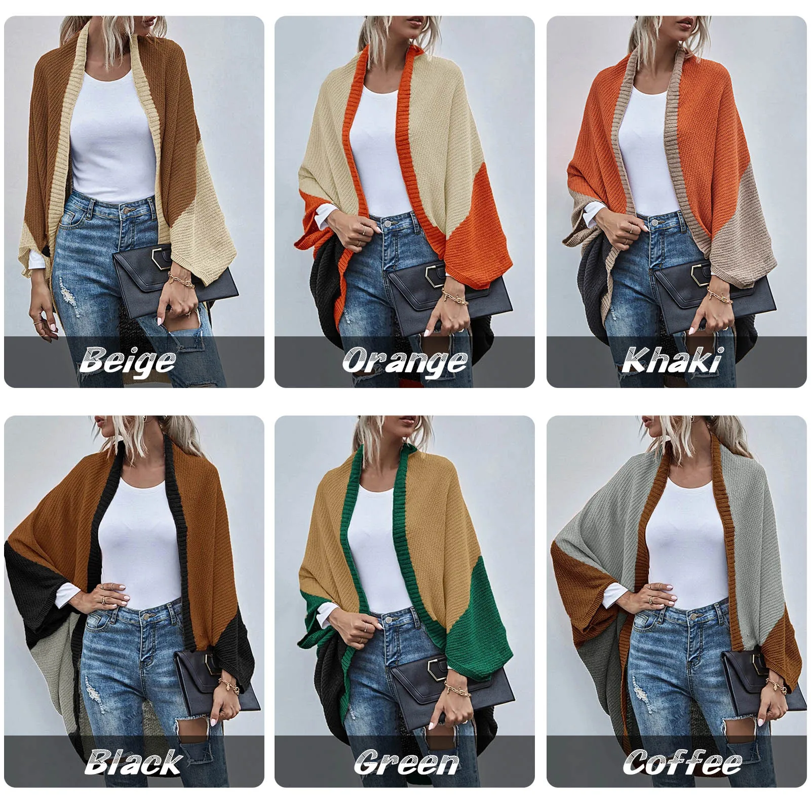 Women Knit Shawl Batwing Sleeve Color Block Splicing Open Front Knitted Kimono Cardigans Ladies Autumn Cardigan Sweater Outwear turtleneck