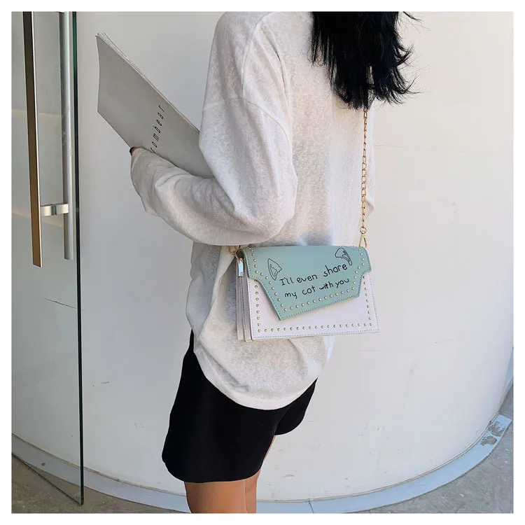 

Summer women 2019 new fashion rivet chain small square bag hit color 100 lap single shoulder bag oblique span woman