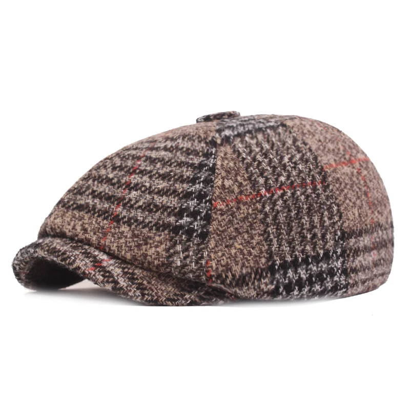 RoxCober зимние шапки, теплые шерстяные утолщенные кепки Newsboy для мужчин, винтажные Восьмиугольные шляпы детектива художника, шапки в стиле ретро, плоские шапки 399 - Цвет: Коричневый