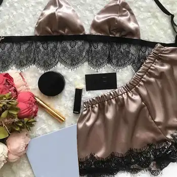 

Women Sleepwear Sexy Lingeries Satin Lace V-Neck Pajamas Two-Pieces Set Ladies Sexy Camis Sleepwear Pijamas Sleeping Clothes