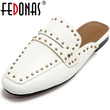 

FEDONAS Metal Rivets Genuine Leatehr Women Mules Fashion Newest Low Heeels Pumps Spring Summer Casual Office Lady Shoes Woman