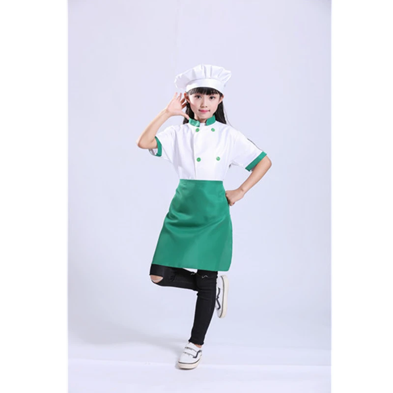 Green Short Set Новая детская форма шеф-повара для мальчиков, косплей, кустом, кухонная куртка, фартук, шляпа, набор, Униформа, От 3 до 14 лет, одежда для девочек повара - Цвет: Green Short Set