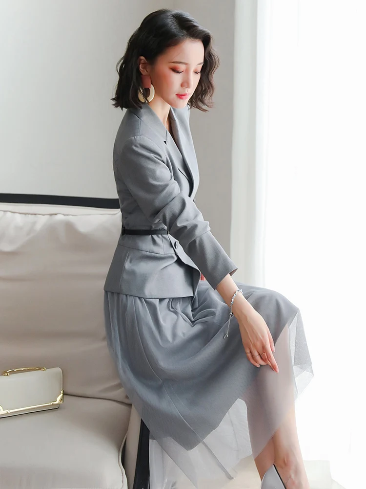 

Suit + Mesh Skirt Two Piece Set Spring Autumn Dress Women Clothes 2020 Party Long Dresses Elegant Formal Office Dress ZT1984