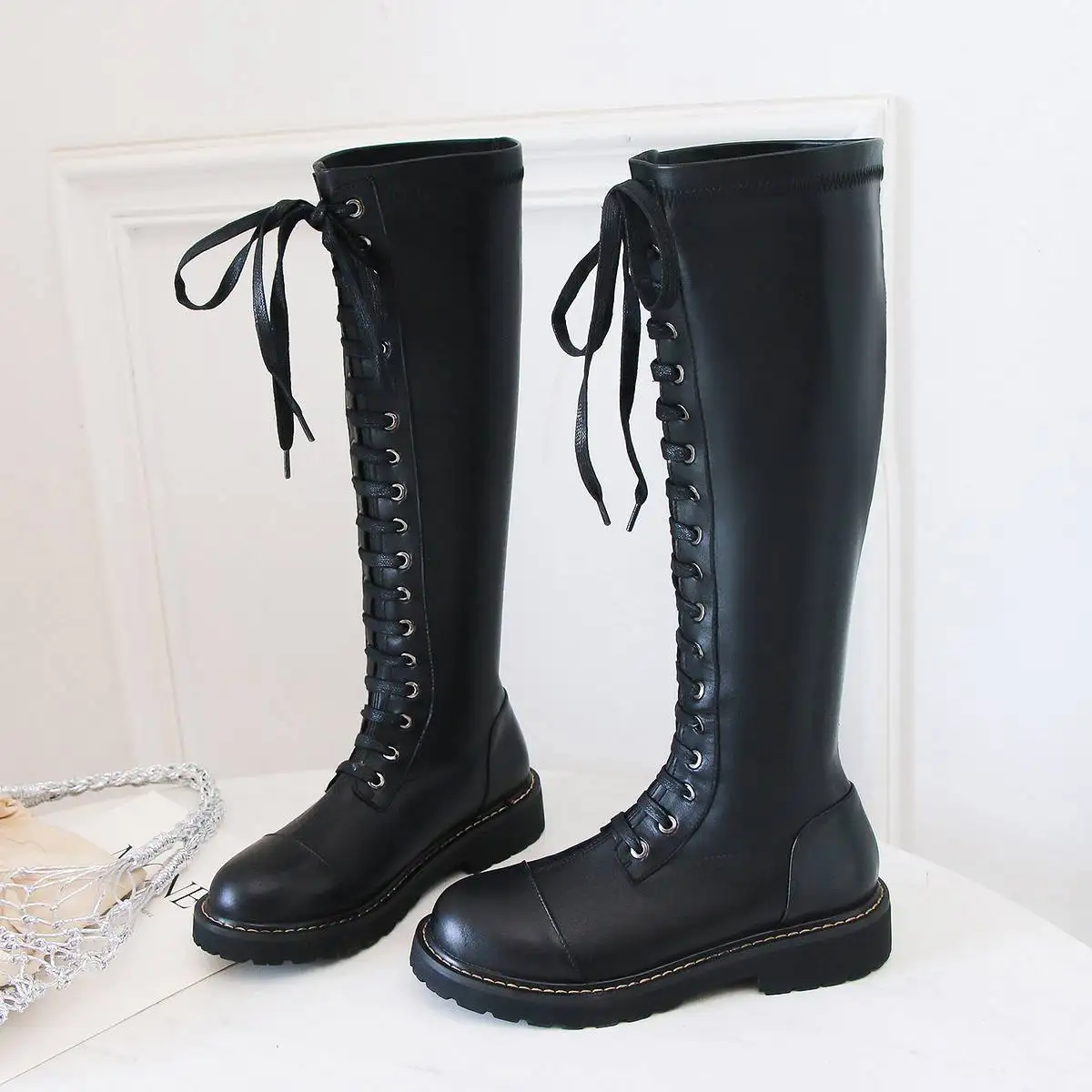 Lenkisen motorcycle boots stretch fabric cow leather med heels round toe lace up rivets winter keep warm knee high boots L0f1