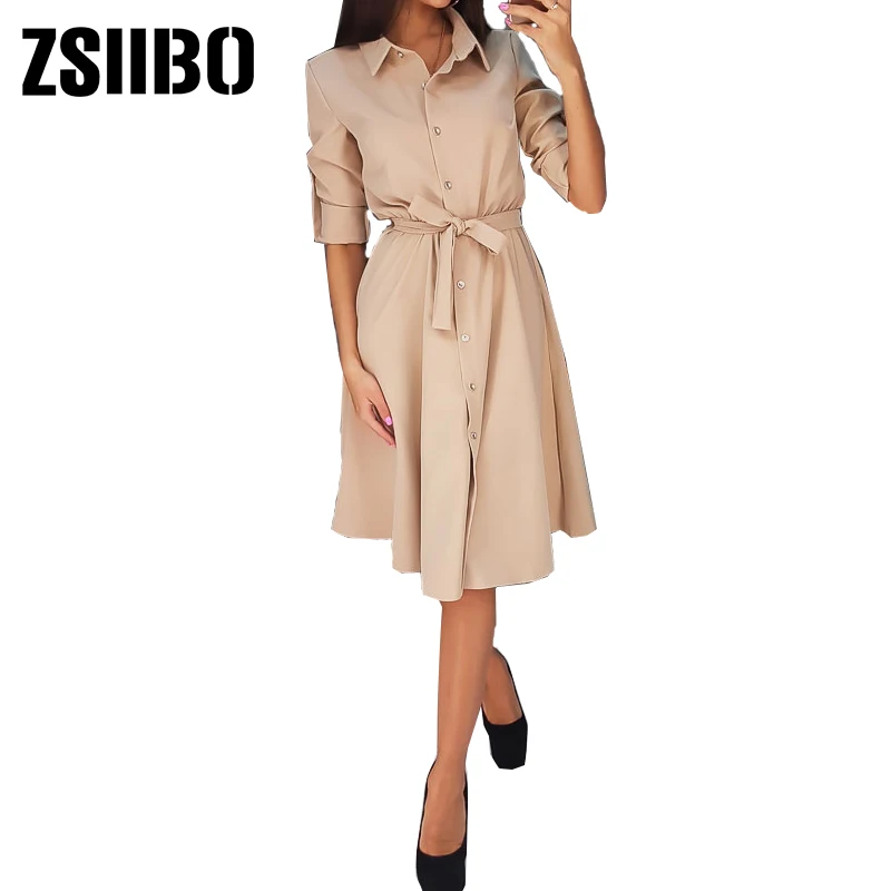 Khaki Осень, простой модный кардиган до колена, vestidos, повседневное офисное платье, пояс с отворотами, пуговица, одноцветное платье - Цвет: Khaki