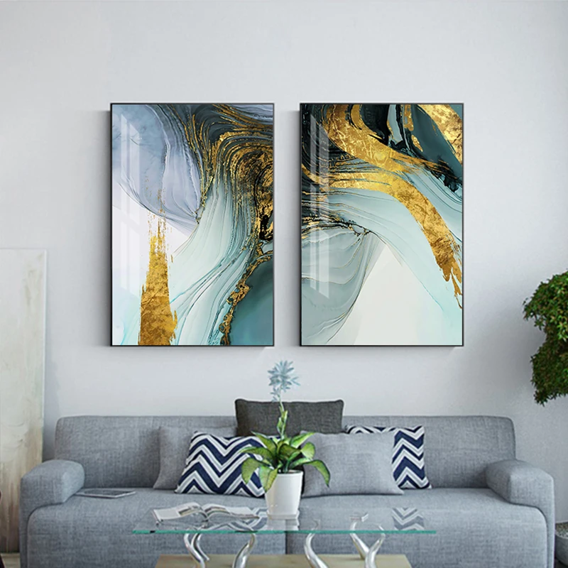 Modern Abstract Blue Green Gold Foil Canvas Painting Purple Decor Fashion Wall Art Picture for Living Room Modern Poster Print