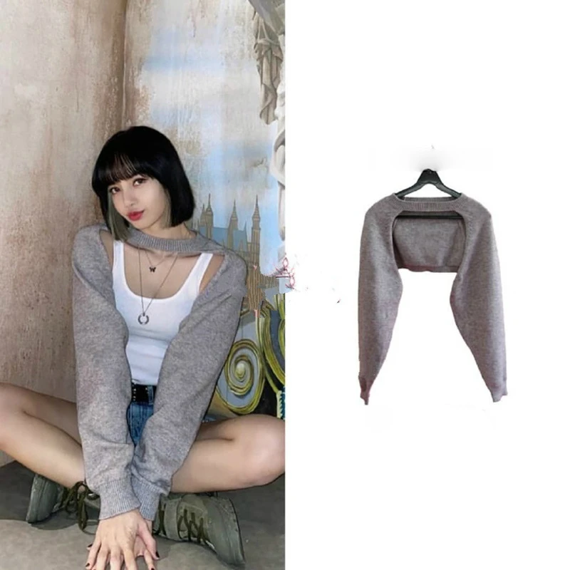 

Kpop Korean Celebrity Dance Show Round Neck Halter Long-Sleeved Sweater Women Nightclub Sexy Hollow Short Solid Color Sweaters