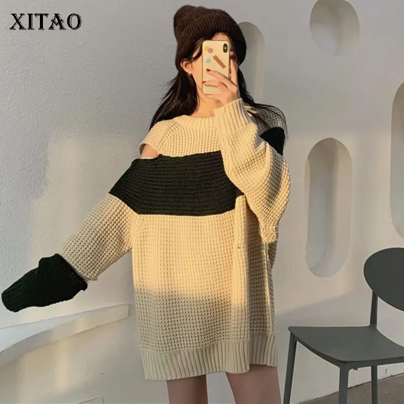 XITAO с открытыми плечами вязаный свитер модный новый хит цвет свободный лоскутный