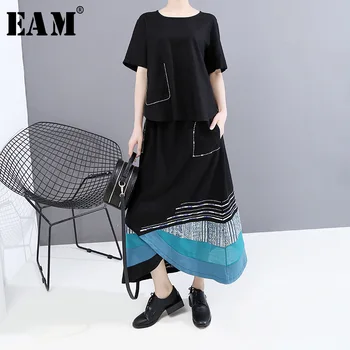 

[EAM] Half-body Skirt Asymmetrical Printed Two Pieces Suit New Round Neck Short Sleeve Women Fashion Spring Summer 2020 1T644