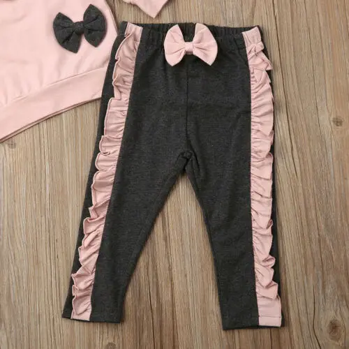 Комплект одежды из 2 предметов для маленьких девочек розовый свитер с длинными рукавами и рюшами и бантом и штаны комплект детской одежды для новорожденных