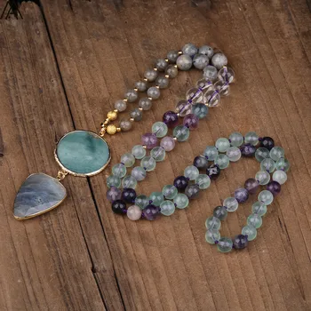 

Natural Labradorite Stone Heart-Shape Pendant 8mm Rainbow Fluorite Stone Beads Handmade Knot Necklace Long 32 Inch N0480AMDF