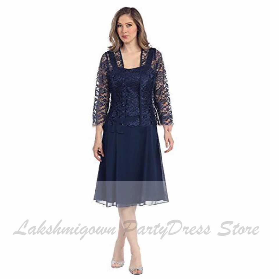 Navy Blue Lakshmigown платье размера плюс элегантное платье для матери невесты Кружевной Жакет Vestito Madre Sposa Вечернее Платье До Колена - Цвет: Navy Blue