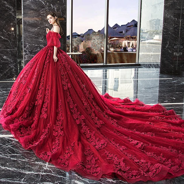 OSTTY - Red V Neck Long Sleeves Beading Wedding Dress OS3915 $1,299.99
