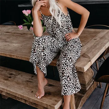 

Trendy Women clothes Summer Casual Sleeveless Leopard print Polyester Jumpsuit strap sleeveless Loose Wide Leg Romper one pieces