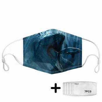 

3D Cool Mosasaurus Printed Face Design Mouth Cover Mask 7pcs PM2.5 Filters Adults Reuseable Comfortable Dustproof Masks For Kids