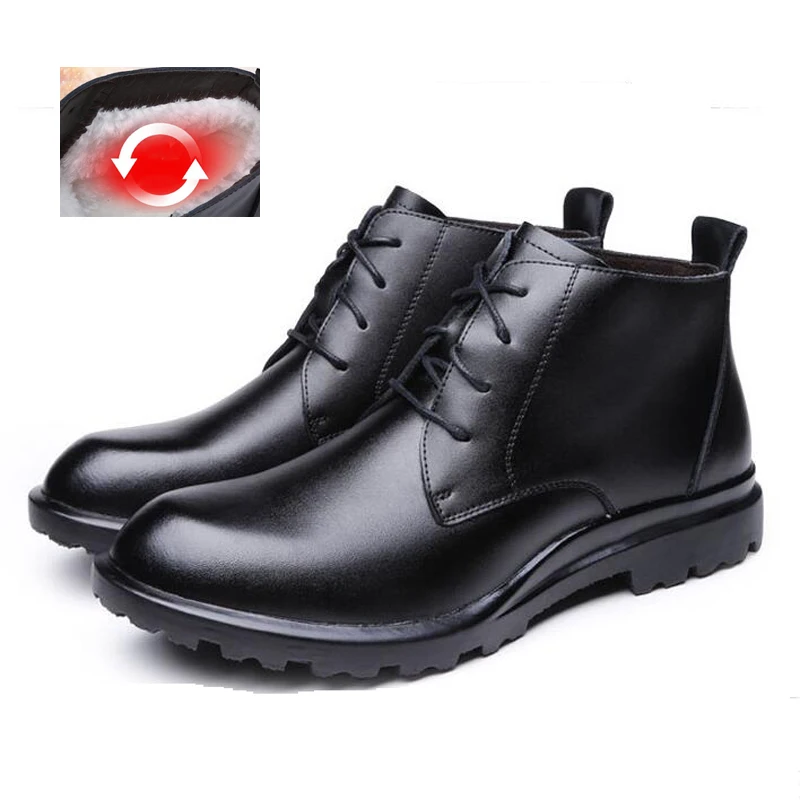 Warm Genuine Leather Men Boots Winter Big Size 38-49 Ankle Boots Men's Lace Up Comfortable Non-slip Male Fur Snow Boots H448 - Цвет: black fur