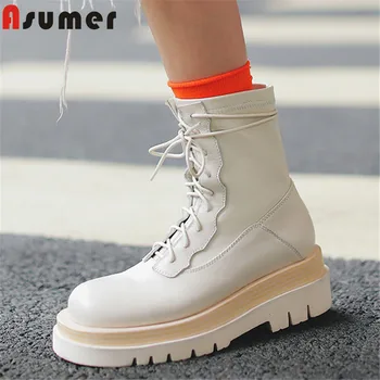 

Asumer 2020 top quality Motorcycle boots ladies genuine leather shoes round toe lcae up comfortable fashion ankle boots women