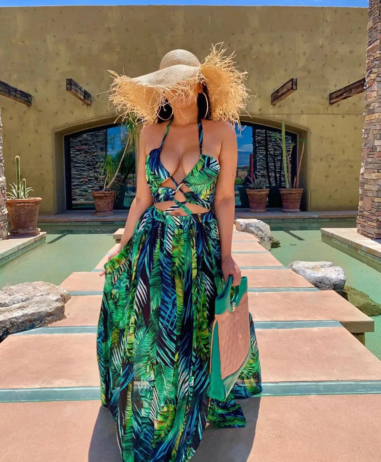 Stigende Women Bohemian Palm Leaf Maxi Dress Sexy High Split Backless Halter Dress Casual Sleeveless Bandage Green Long Dress