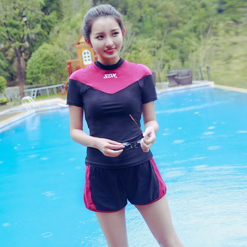 

2017 New Style Split Type Boxer Bloomers Sports Short Sleeve Large Size Bathing Suit Women's