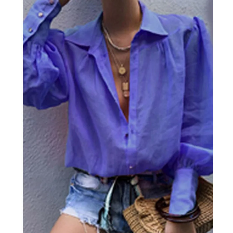 Purple Elsvios Осенняя Свободная блузка с длинными рукавами, сексуальная женская блуза с вырезами на пуговицах, элегантная Офисная Женская однотонная верхняя блуза - Цвет: Purple