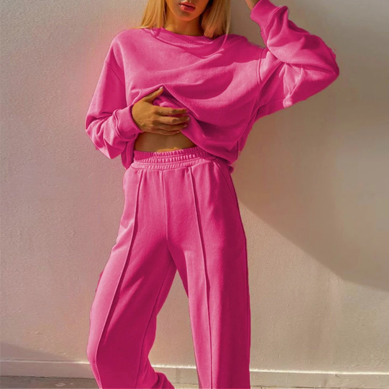 plus size pants suits evening wear Women Casual Solid Tracksuit Loose Long Sleeve Pullover Sweatshirt And Elastic Wide Leg Pant Two Pieces Set Fashion Female Suits blazer pants set Suits & Blazers