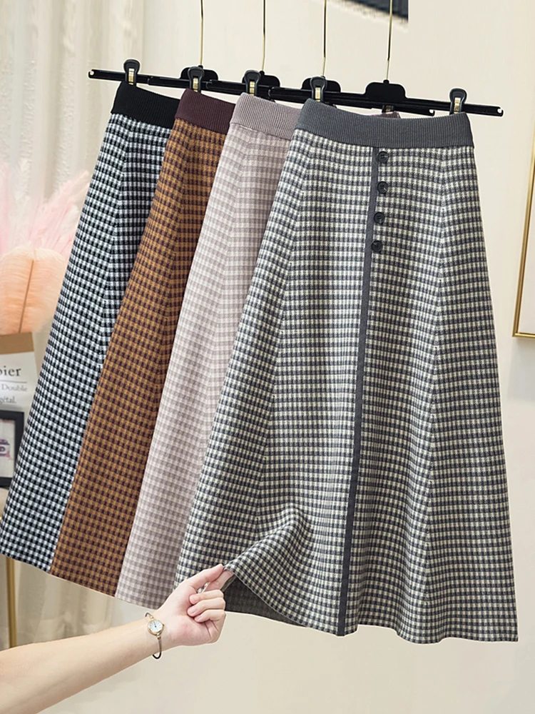 TIGENA Vintage Plaid Knitted Midi Skirt for Women 2021 Fall Winter Korean Fashion Button A Line High Waist Long Skirt Female
