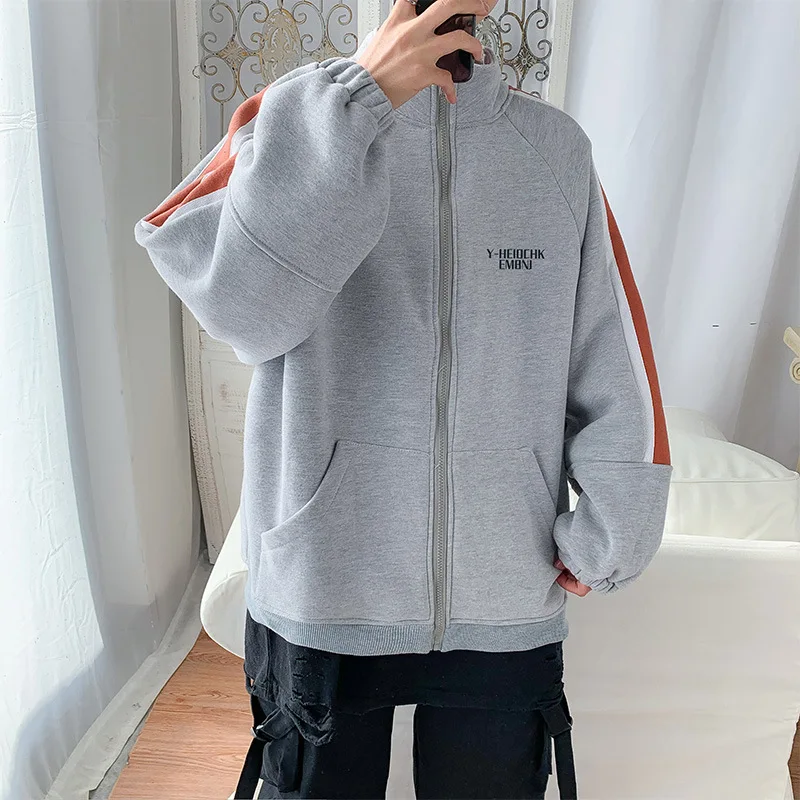 

Gray Black Contrasting Color Jacket Spring and Autumn M-2XL Casual Jackets Student Korean Top Loose Stand Collar Trendy Jackets