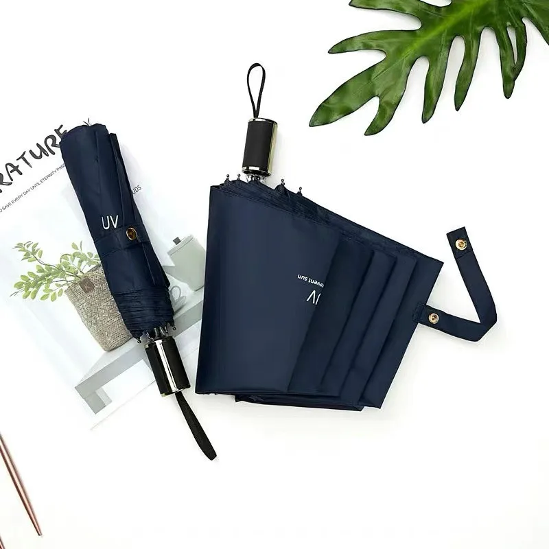 Small Fresh Sunscreen Parasol Student Japanese Solid Color Black Glue Anti-UV 3 Folding Umbrella Rain and Rain Female Gift - Цвет: navy