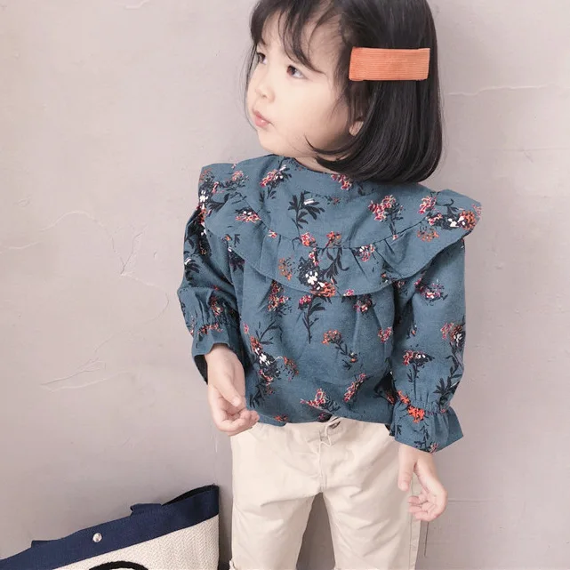 

2019 Spring And Autumn Girls Multilayer Flounced Feifei-Style Retro Floral Frilled Stand Collar Shirt Ck398